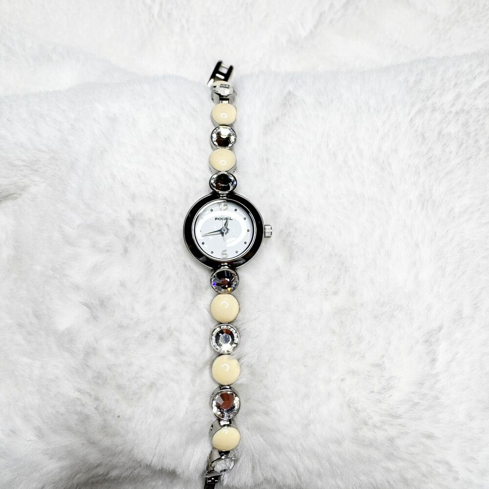 FOSSIL F2 Women's Studded Pearl & Clear Stone Band Silver Metal Watch